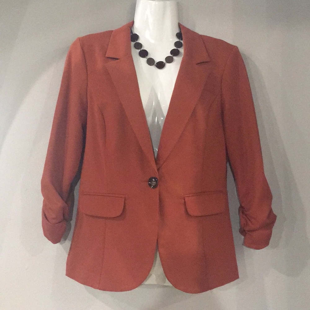 Burnt Orange Ruffle Back Blazer JrszM